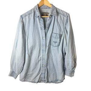 VTG Joop Thrashed Chambray Denim Shirt Women’s Small Blue Ripped Grunge Western